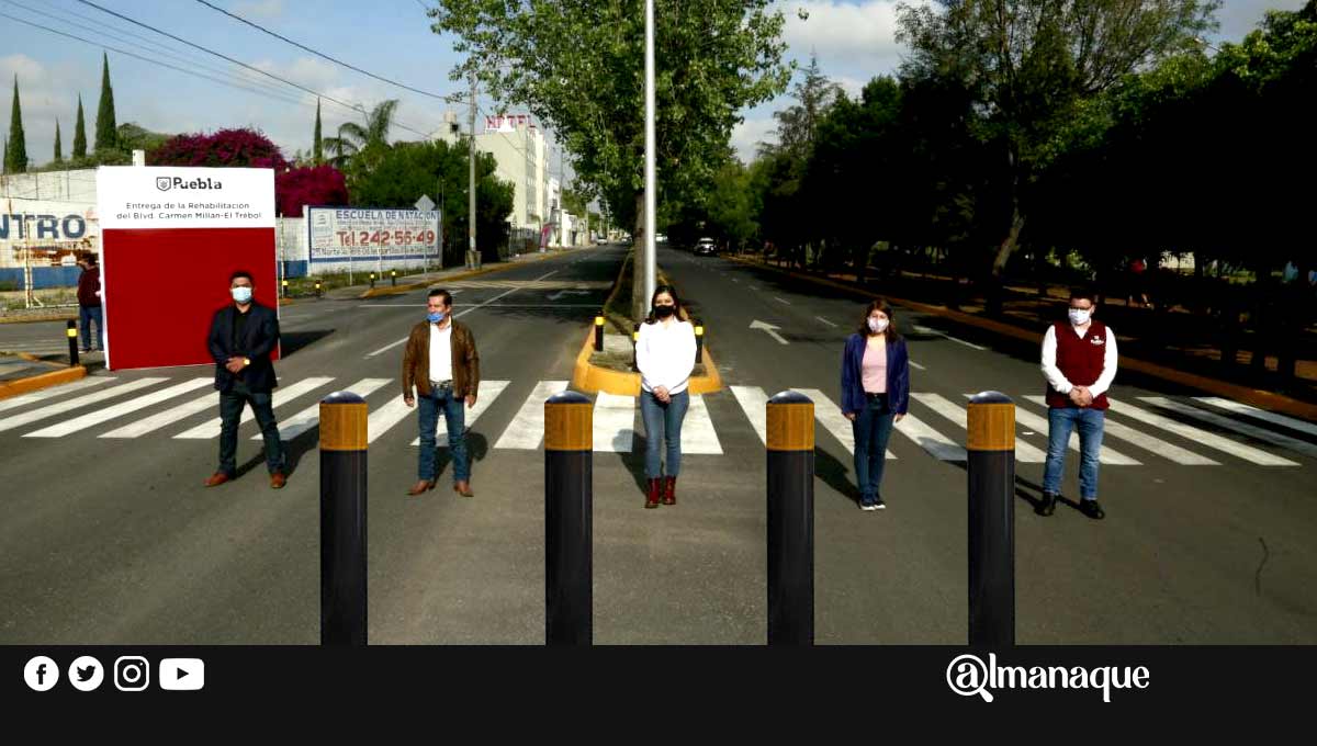 FOTOS: Ayuntamiento de Puebla remodela vialidad aledaña a la CAPU y colocan bolardos en un camellón 5 portada Claudia Rivera bolardos