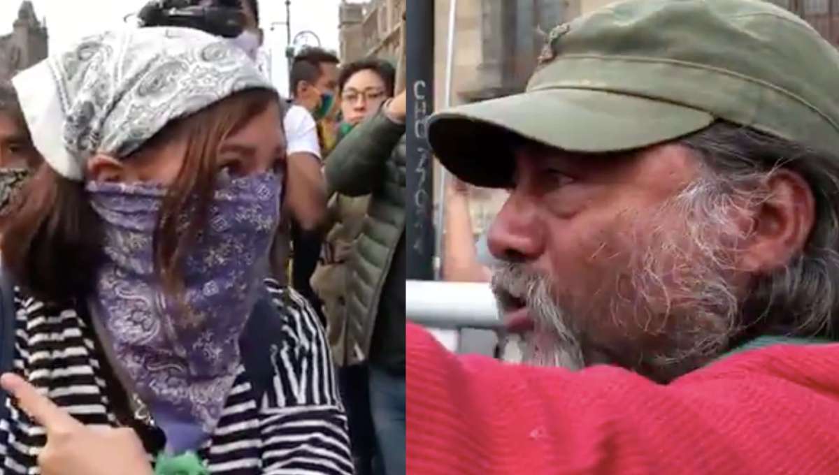 VIDEO: "Así no se lucha", reclama padre de normalista de Ayotzinapa a una mujer 1 hombre encara a feminista pintas ayotzinapa