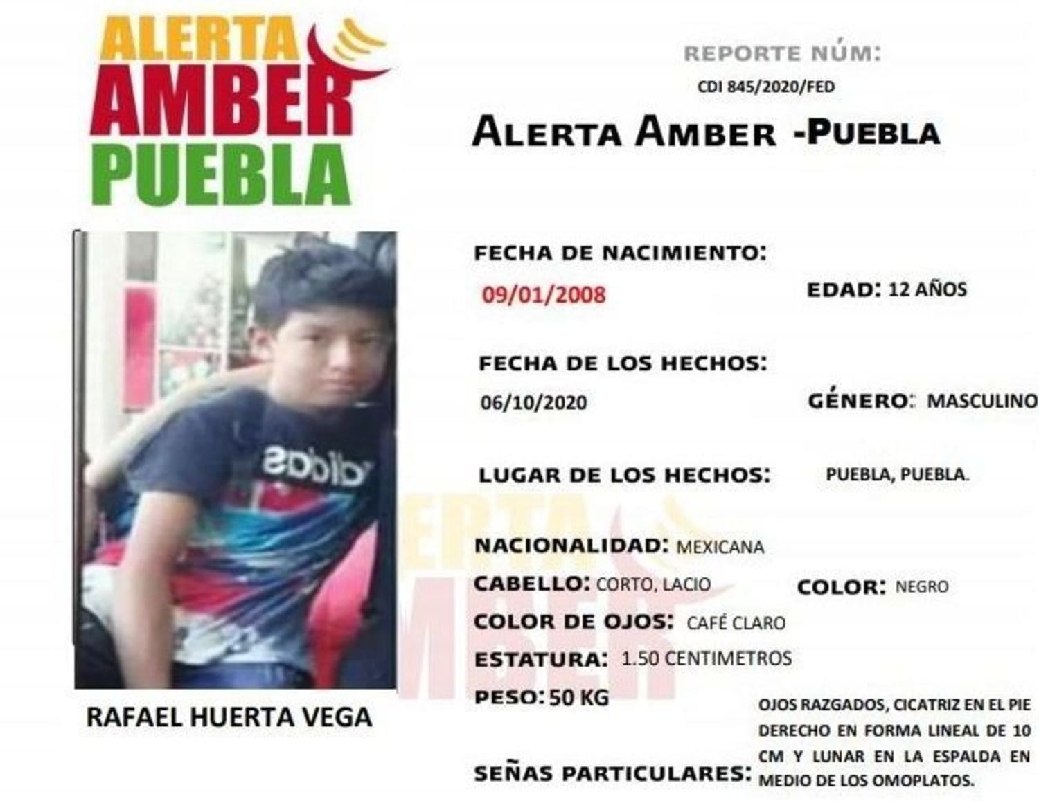 Desaparece el niño Rafael Huerta Vega en Puebla 2 ALERTA AMBER RAFAEL HUERTA 2