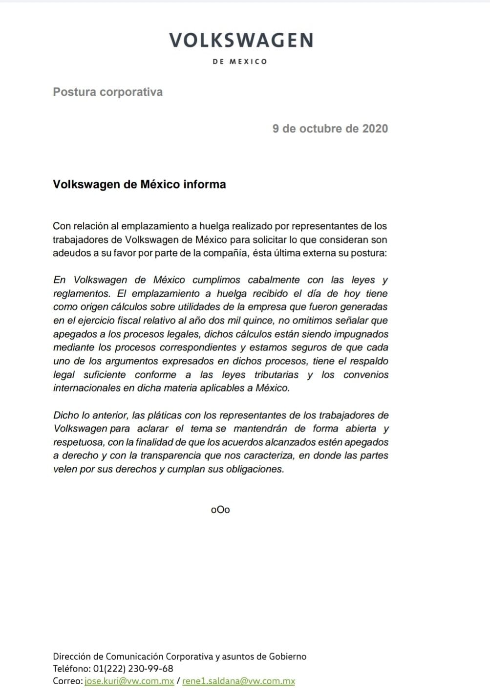POSTURA VOLKSWAGEN POR HUELGA