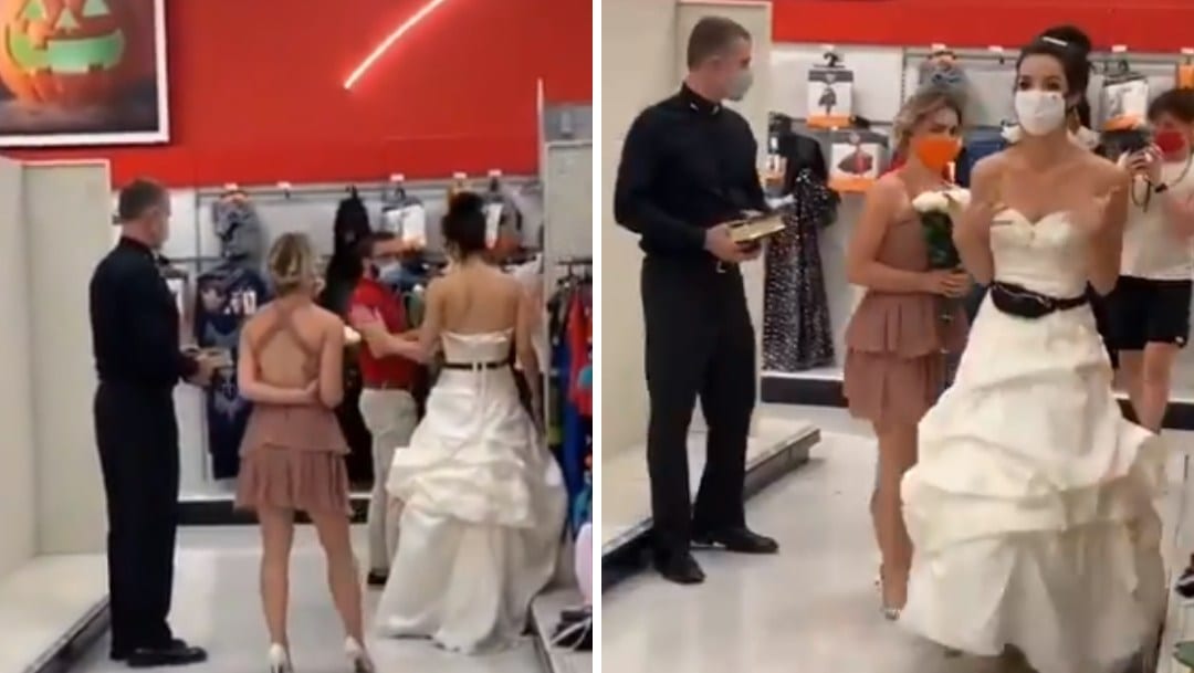 VIDEO: Llega al trabajo de su pareja vestida de novia y con el sacerdote; le exige casarse 1 novia