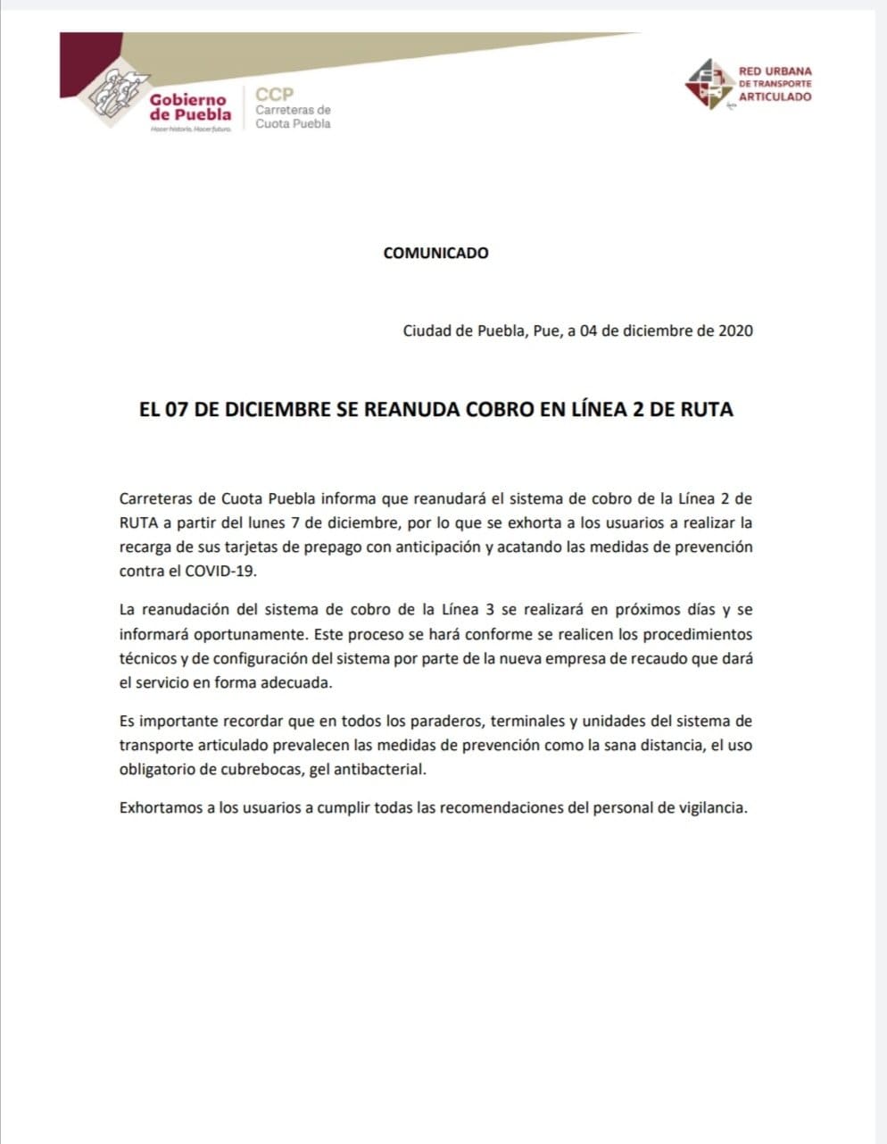 El 7 de diciembre se reanuda el cobro del pasaje en línea 2 de RUTA 3 comunicado RUTA 1
