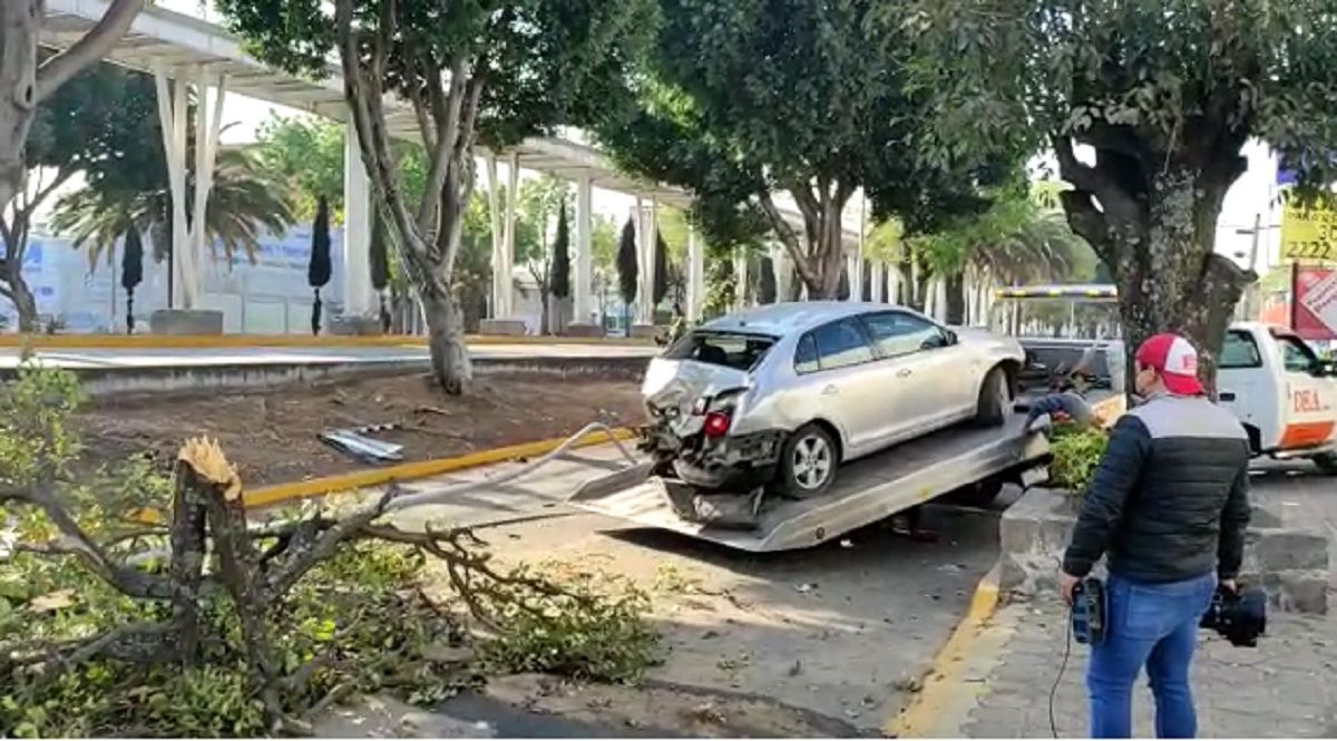 Abandona su auto luego de derribar un árbol y señalización en el bulevar Hermanos Serdán 2 auto 3