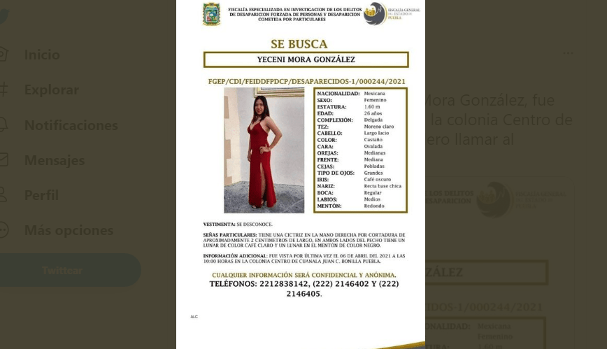 Ayúdanos a encontrar a Yeceni Mora, fue vista por última vez el 6 de abril 3 buscamos a Yeceni