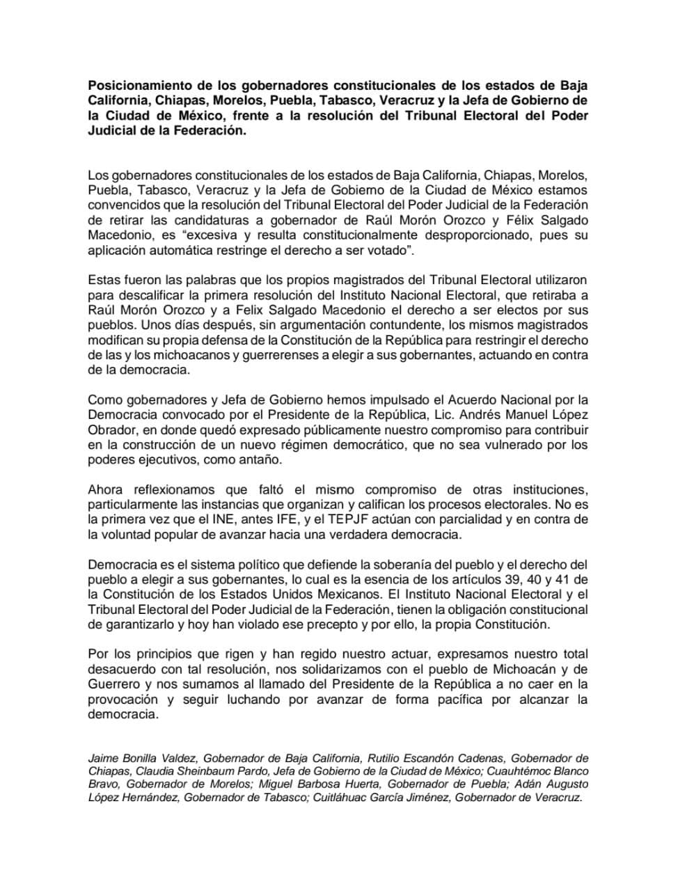 Barbosa y seis gobernadores de Morena envían carta al TEPJF para defender a Salgado Macedonio 4 carta gobernadores Salgado Macedonio