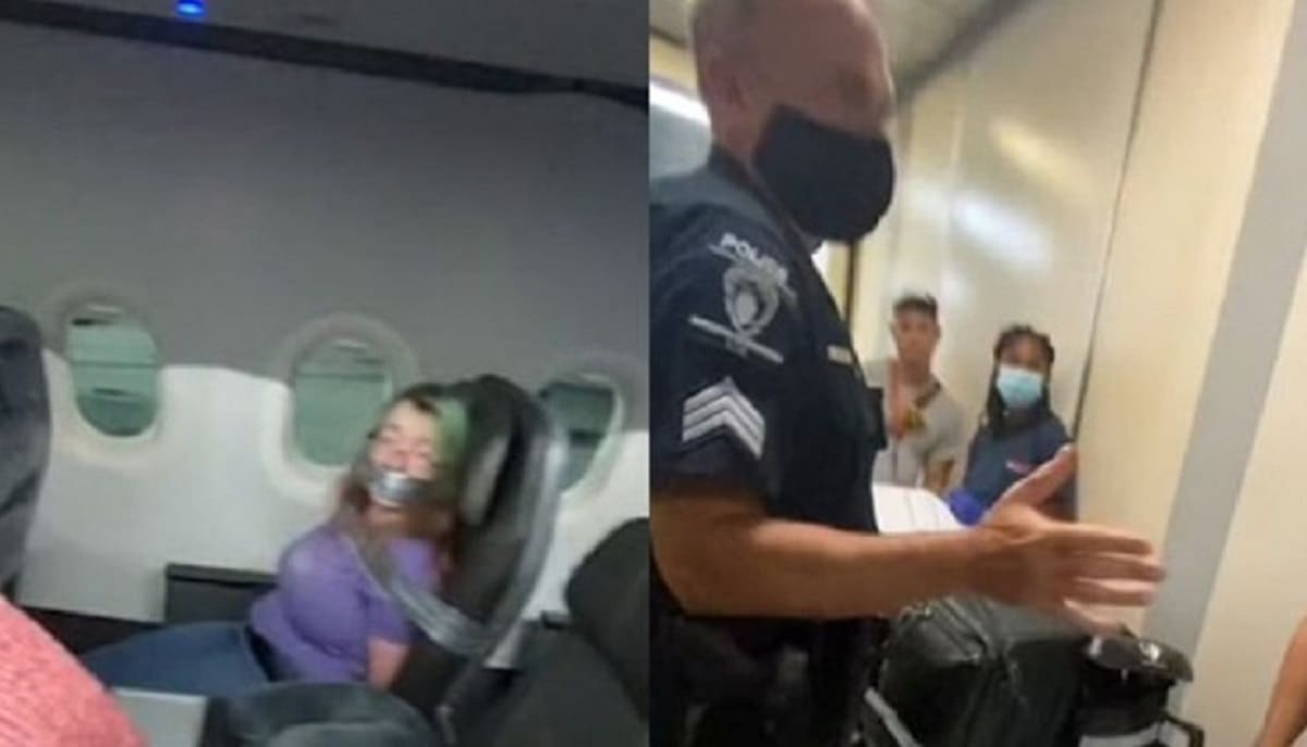 Mujer amarrada avion 1