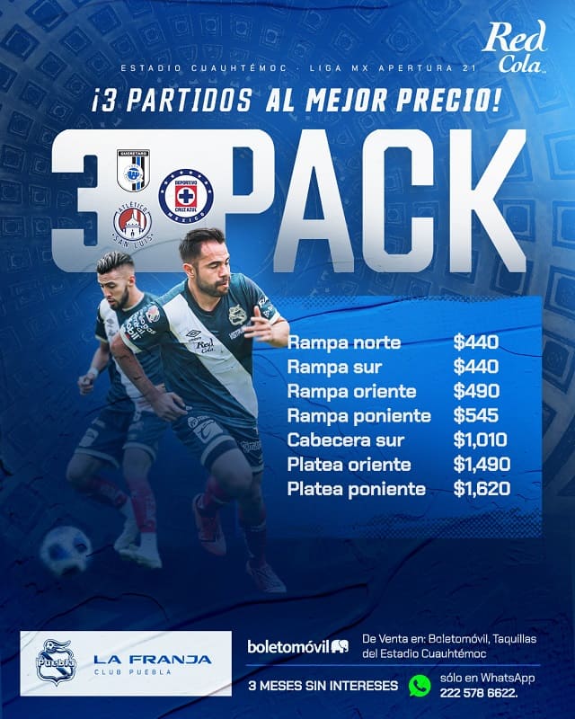 Puebla lanza paquete de boletos hasta en mil 620 pesos para duelos ante Querétaro, San Luis y Cruz Azul 4 boletos