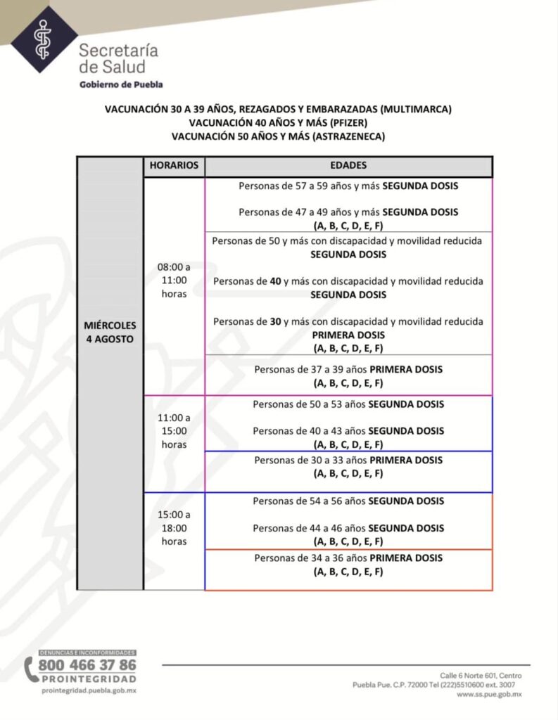 horarios y sedes para la vacunación a treintañeros de Puebla capital