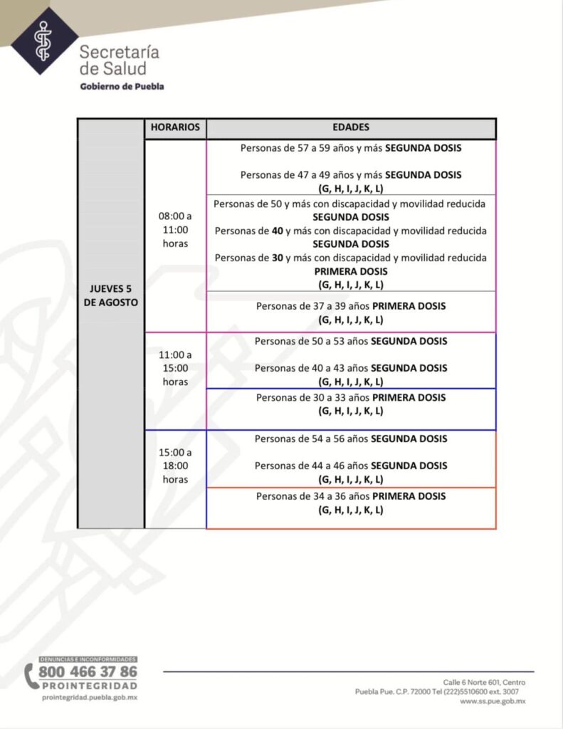 horarios y sedes para la vacunación a treintañeros de Puebla capital