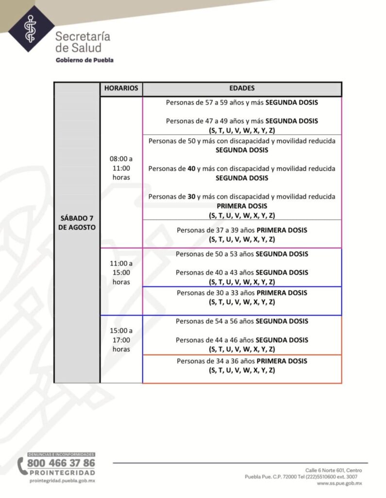 horarios y sedes para la vacunación a treintañeros de Puebla capital