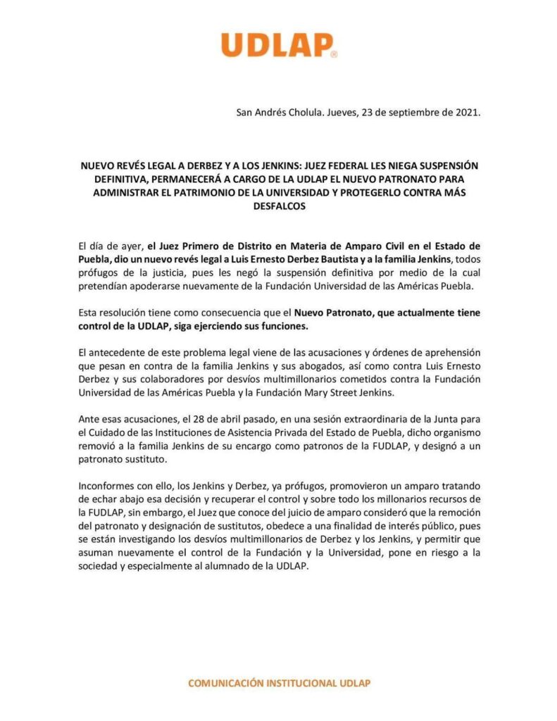 Juez niega suspensión a los Jenkins; nuevo patronato seguirá al frente de la UDLAP 4 juez niega suspensión a los Jenkins de Landa