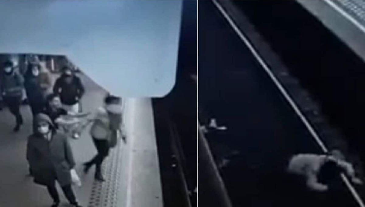 VIDEO: Hombre empuja a mujer a las vías del tren en Bruselas; conductor alcanza a frenar 3 empuja a mujer 1