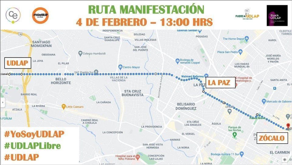 Atención: Este será el recorrido de la marcha de los estudiantes de la UDLAP al zócalo 4 marcha udlap