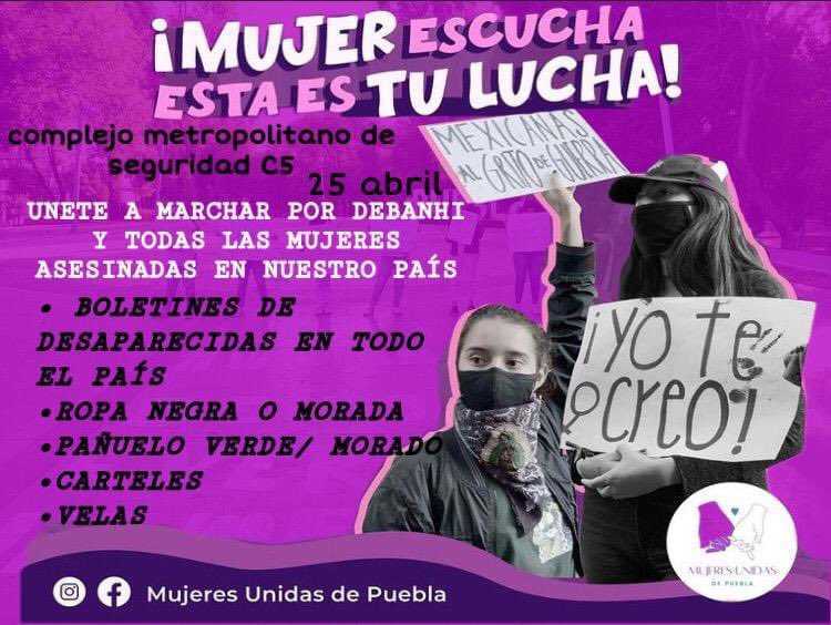 Mujeres Unidas Puebla convoca a marcha para exigir justicia por Debanhi Escobar el 25 de abril 2 20220424 114627