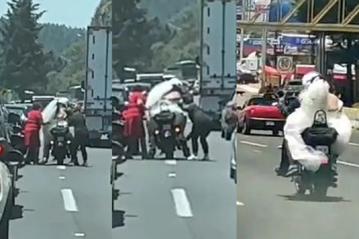 VIDEO: Motociclista da "aventón" a novia que se quedó en la México-Toluca tras accidente 2 novia boda