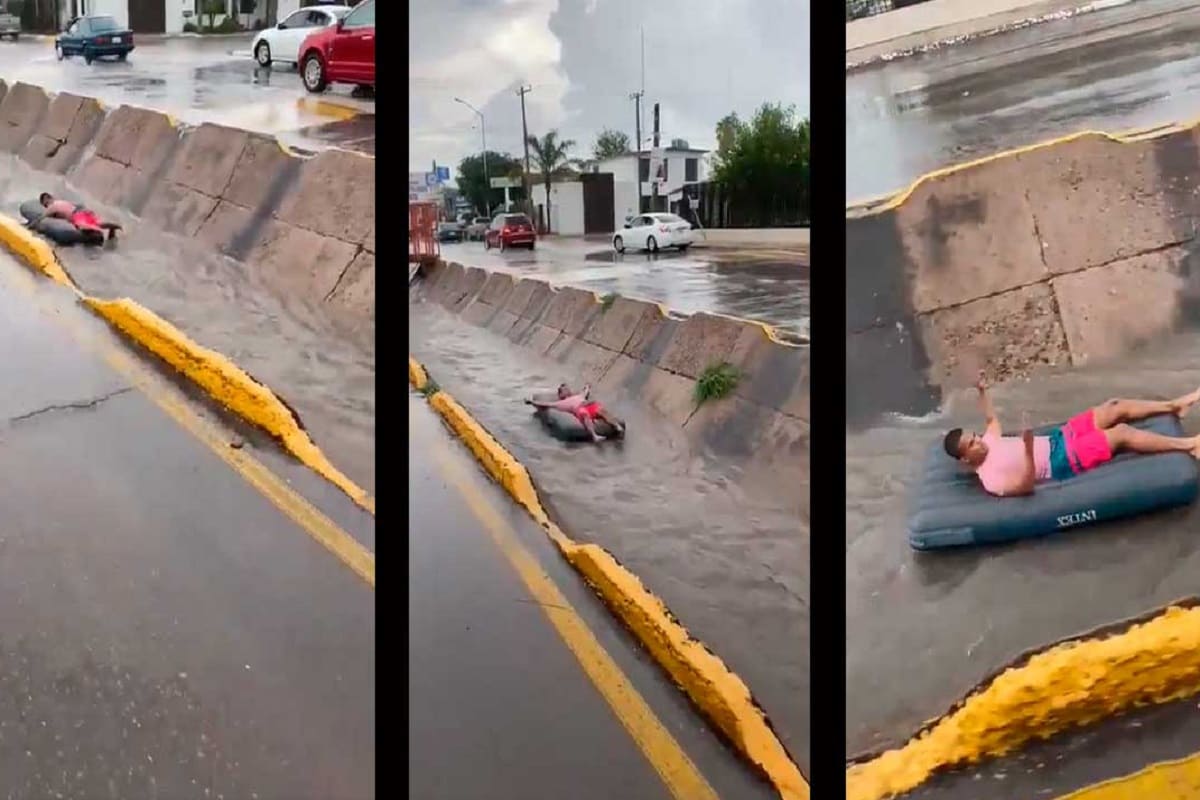 Hombre pasea en colchón inflable tras intensa lluvia y se lo traga una coladera 4 colchon inflable 1