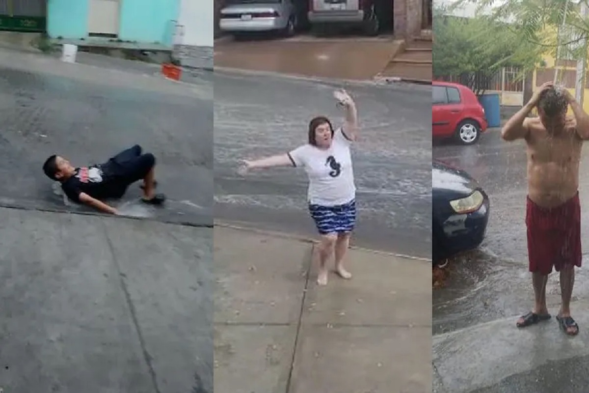VIDEO: Bailan, nadan y se bañan para celebrar lluvia en Nuevo León 2 lluvias