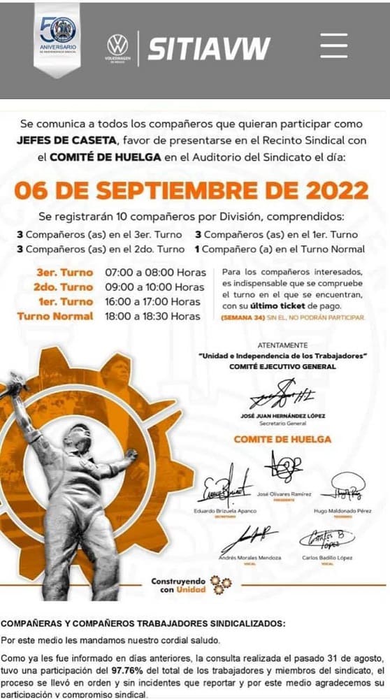 Sindicato de Volkswagen lanza convocatoria para comité de huelg'