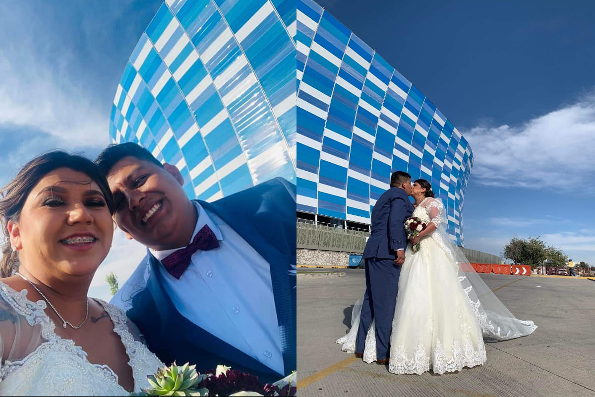 ¡Vivan los novios! Enfranjados inmortalizan su matrimonio con foto en el Estadio Cuauhtémoc 3 enfranjados celebran boda en el Cuahutémoc