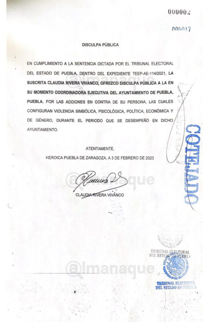 Disculpa publica Claudia Rivera a Yasmin Flores documento