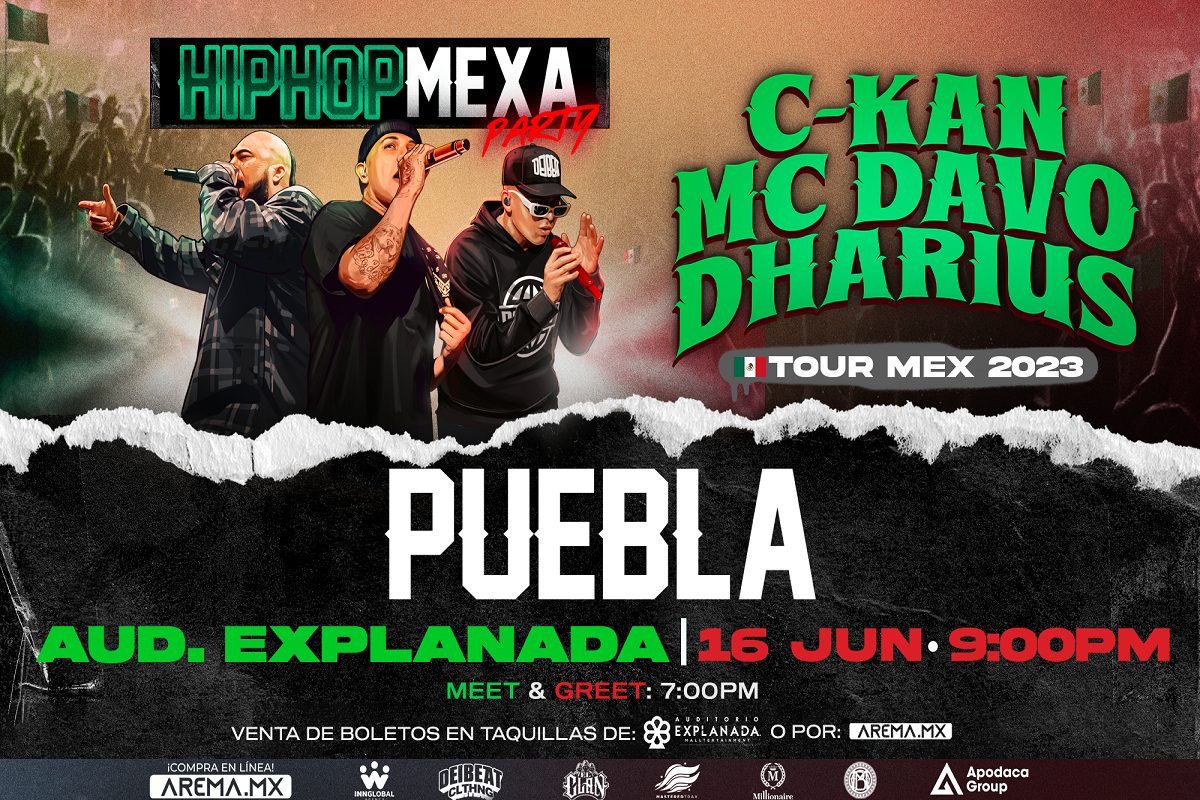 Dharius, MC Davo y C-Kan ofrecerán un concierto en Puebla en junio 3 HipHipMexTour2023FACEBOOKCOVER