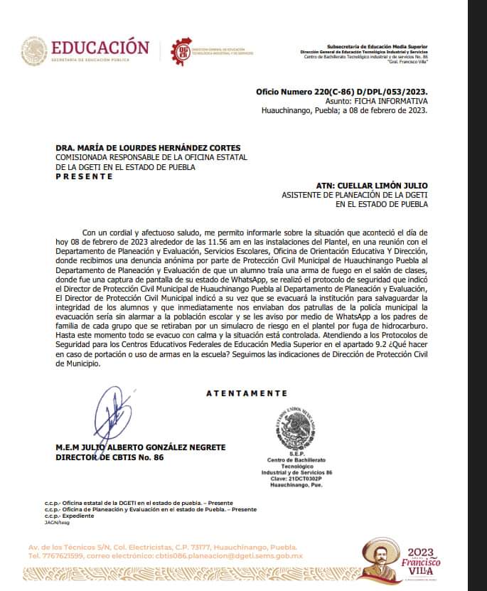 Evacuan CBTis 86 en Huauchinango por reporte de alumno con arma de fuego 6 cbtis