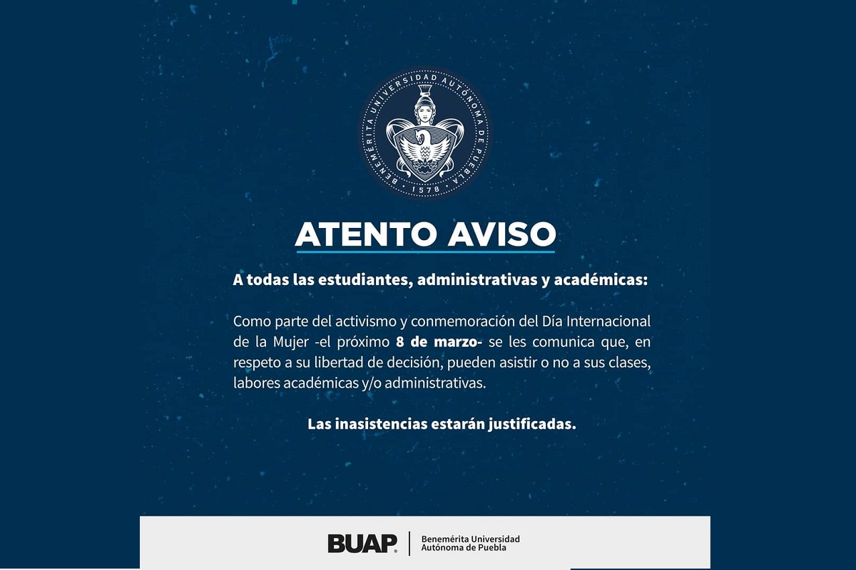 BUAP autoriza a alumnas y docentes acudir a marchas del 8M: “se les justificará la falta” 2 buap 8M
