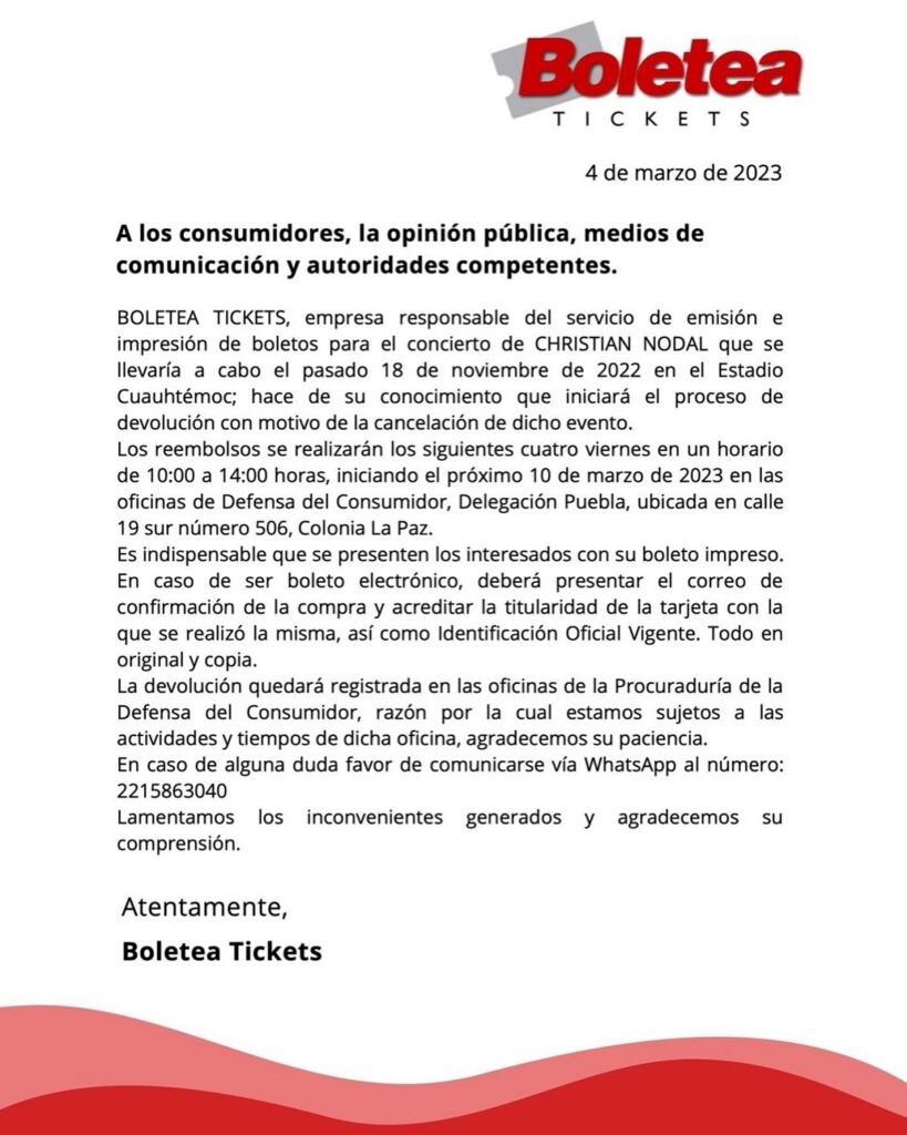 reembolso boletos christian nodal Puebla