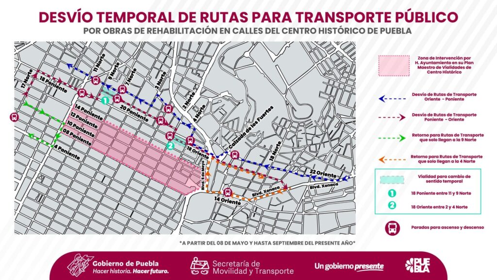 Estas 71 rutas del transporte público cambiarán su recorrido por rehabilitación de calles en el Centro Histórico 8 71 rutas del transporte público modificarán su recorrido en calles del centro de Puebla