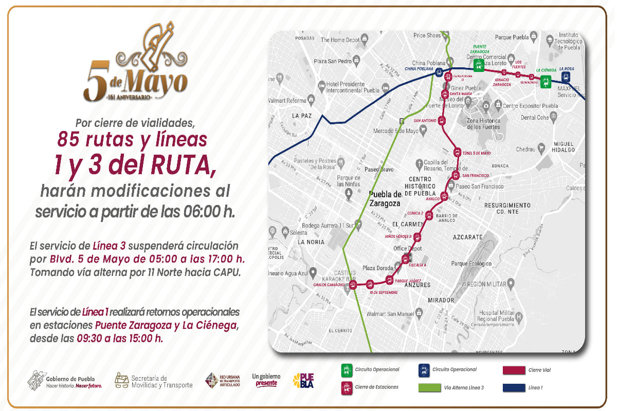 Por desfile del 5 de Mayo, transporte público y RUTA modificarán recorridos: SMT 1 transporte publico 5 de mayo 1