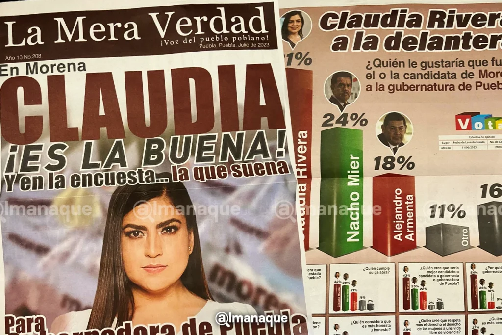 Claudia Rivera reparte encuesta patito que le da primer lugar en Morena sobre Armenta y Nacho Mier