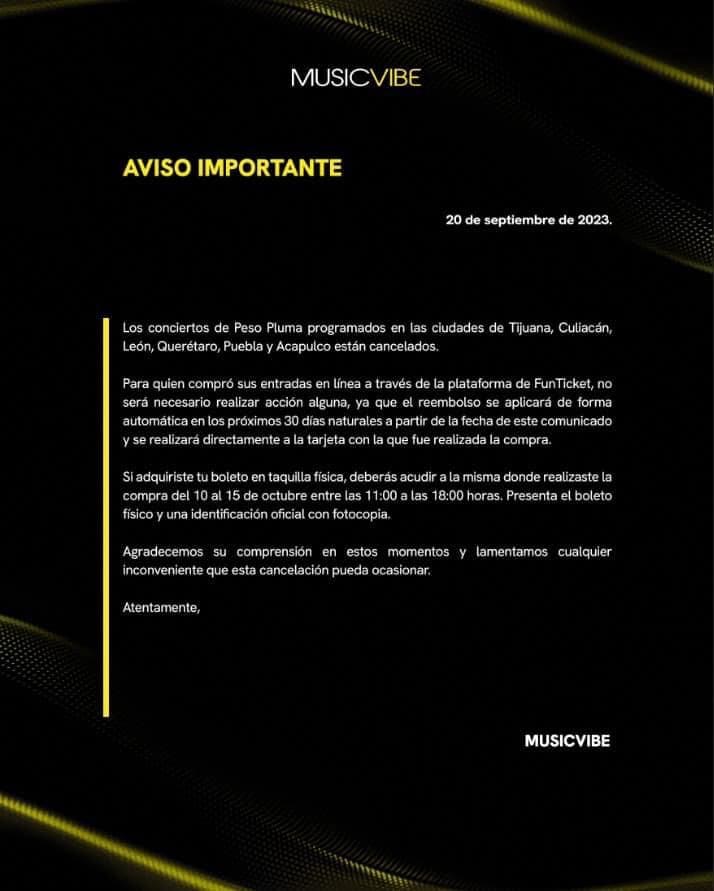 Oficial: Peso Pluma cancela concierto en Puebla; así puedes acceder a tu reembolso 6 cancelan concierto de peso pluma
