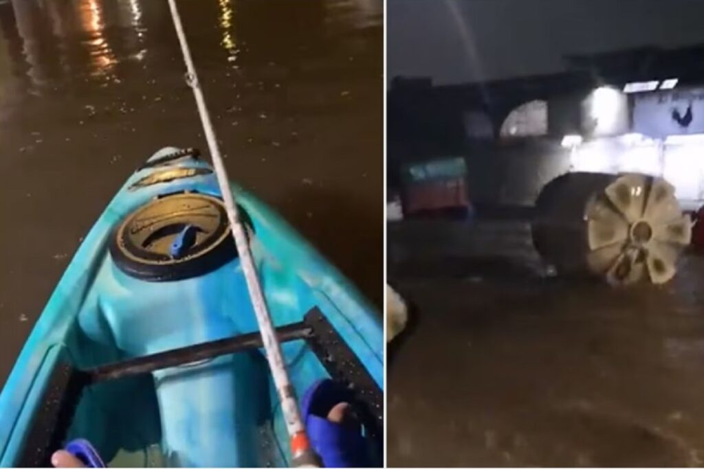 tinaco navega por inundacion en Guadalajara