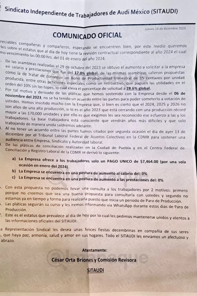 Documento Audi ofrece 0 de aumento salarial y en prestaciones a trabajadores de Puebla