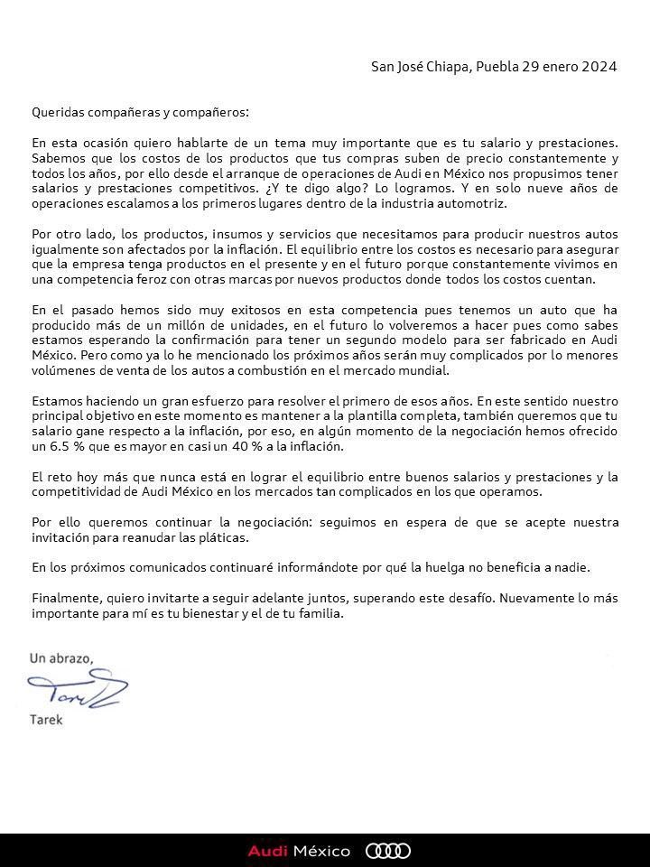 Pide presidente de Audi aceptar aumento salarial de 6.5% para no despedir trabajadores