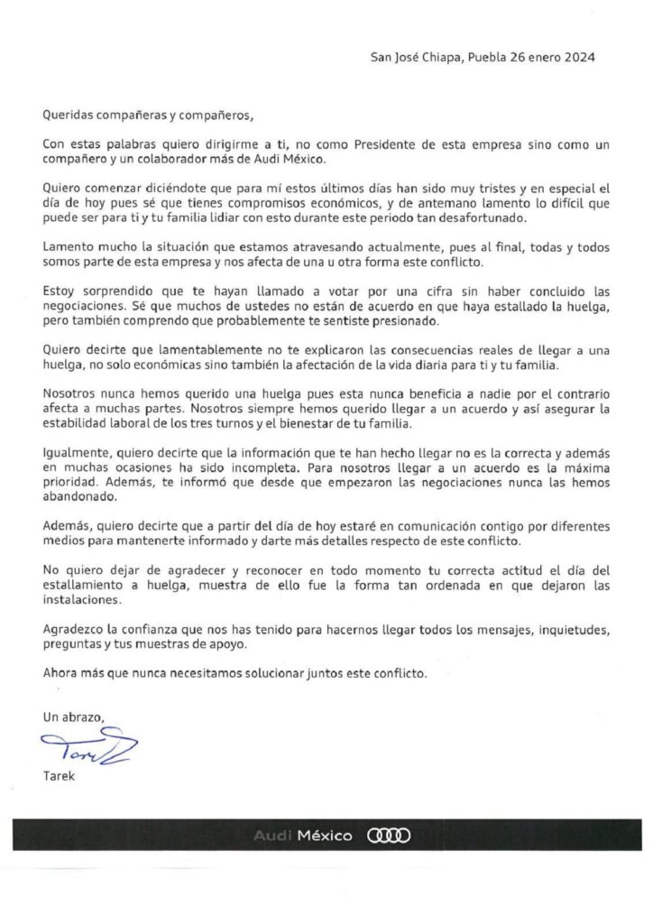 comunicado presidente audi huegla