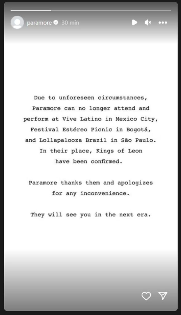 paramore cancela festivales historia