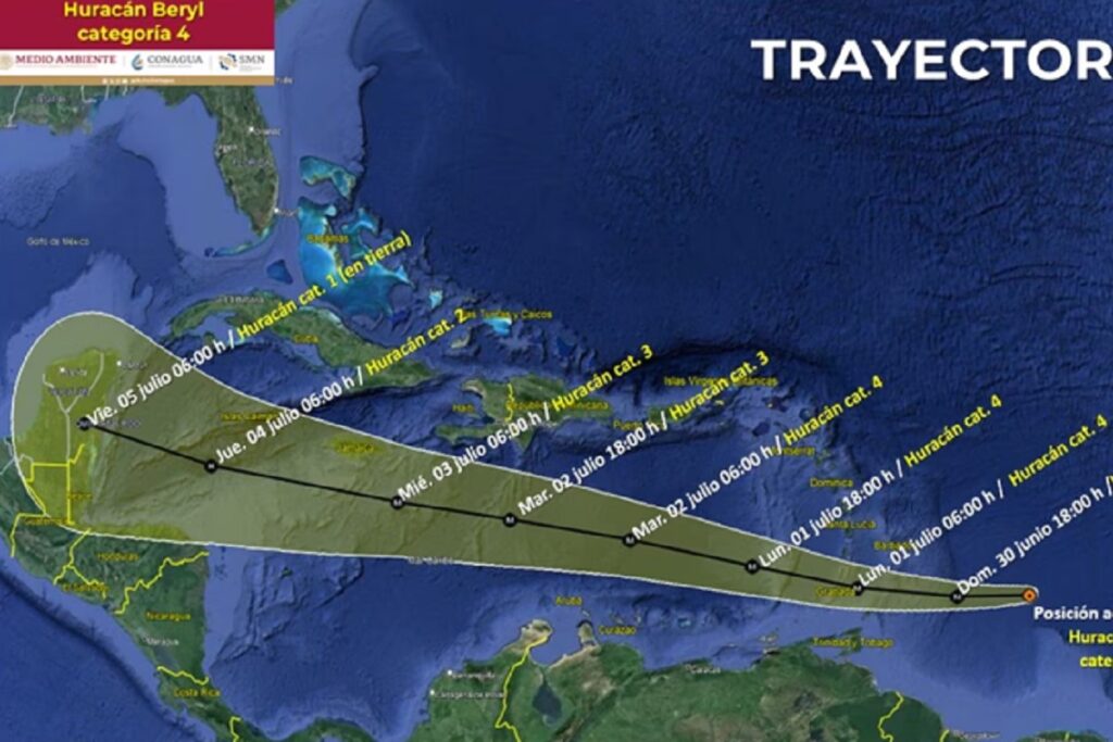 Huracán Beryl se intensifica a categoría 4, a 3 mil 590 km de Cancún