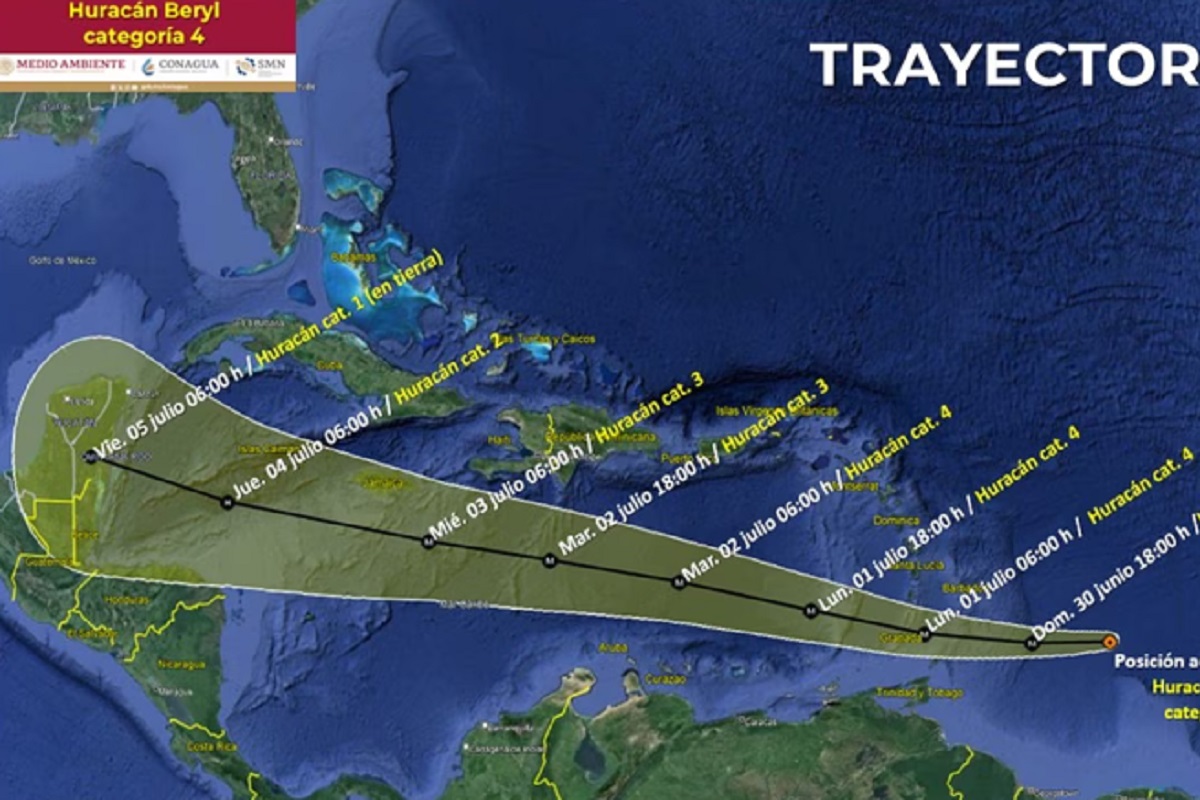Huracán Beryl ya es categoría 4 y está a más de 3 mil km de Cancún 1 Huracán Beryl se intensifica a categoría 4, a 3 mil 590 km de Cancún