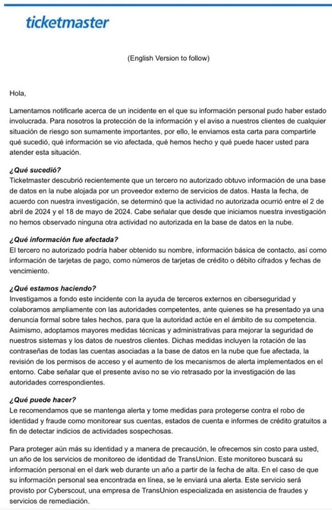 comunicado hackeo de ticketmaster