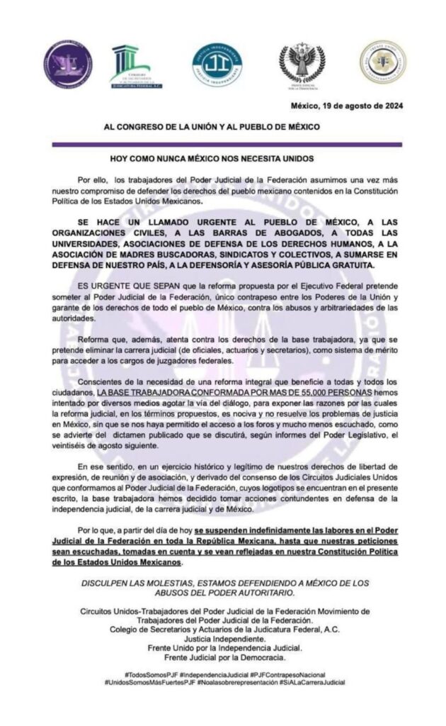 Trabajadores del Poder Judicial inician paro nacional ante reforma de AMLO 2 Trabajadores del Poder Judicial inician paro de labores indefinido ante reforma de AMLO