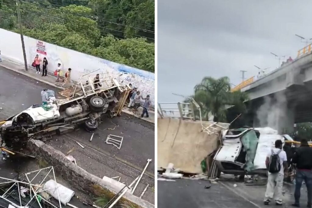 camión cae de distribuidor vial de Cuernavaca