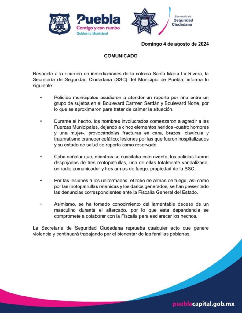 comunicado de la SSC que confirma un muerto y cinco lesionados