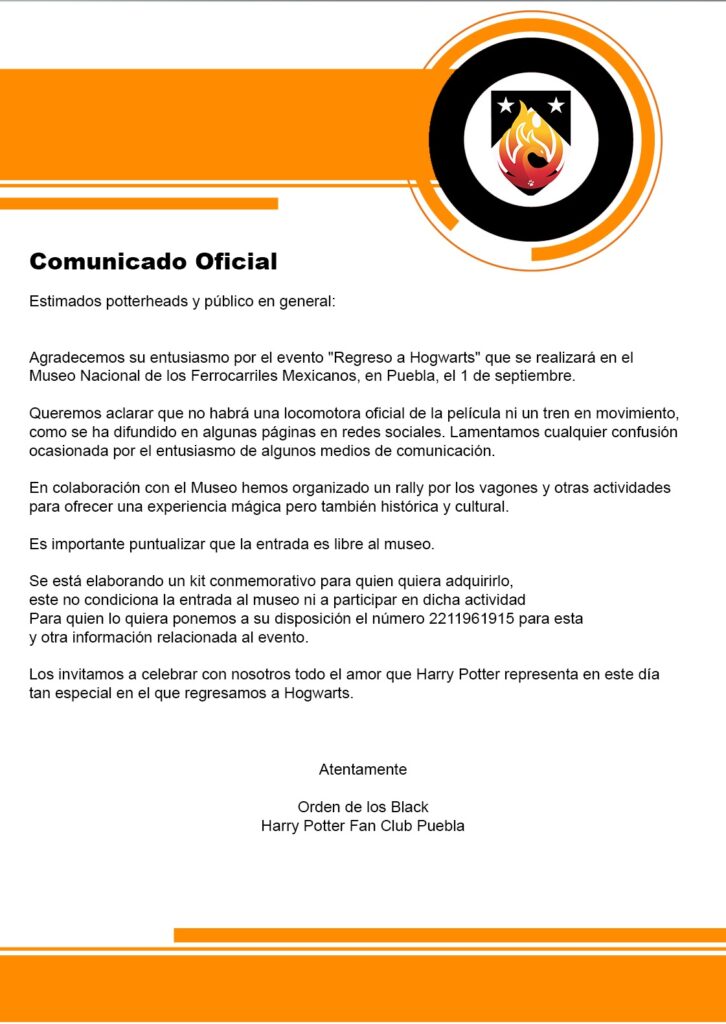 Atención fans de Harry Potter: Estas actividades habrá en Puebla por el regreso a Hogwarts 4 comunicado expreso a hogwarts