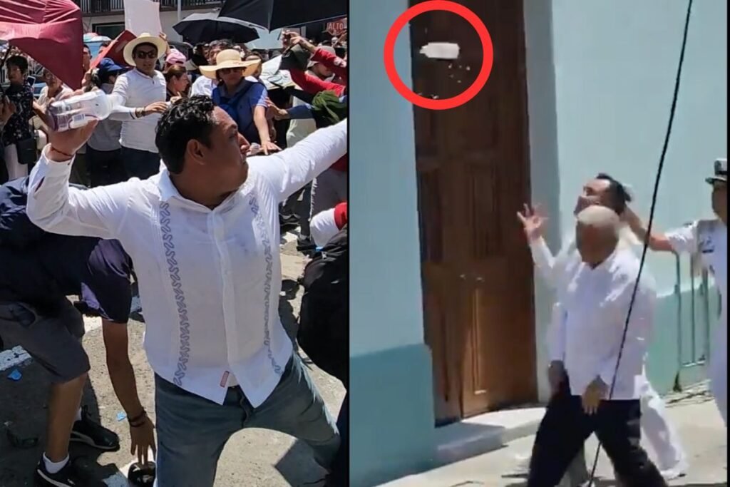VIDEO: Lanzan botella de agua a López Obrador en Veracruz y le gritan dictador 
