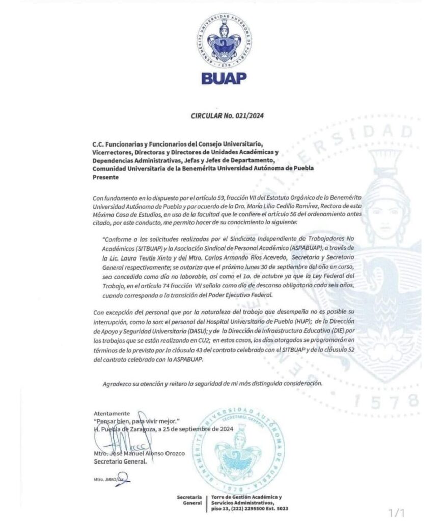 Habrá suspensión de clases en la BUAP el 30 de septiembre y el 1 de octubre