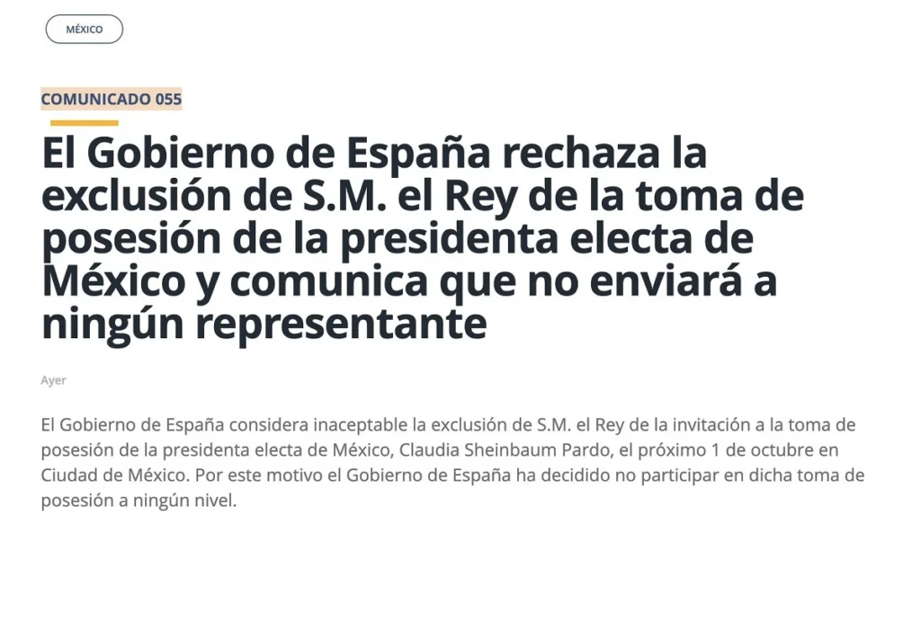 Toma de protesta de Claudia Sheinbaum no tendrá representantes de España