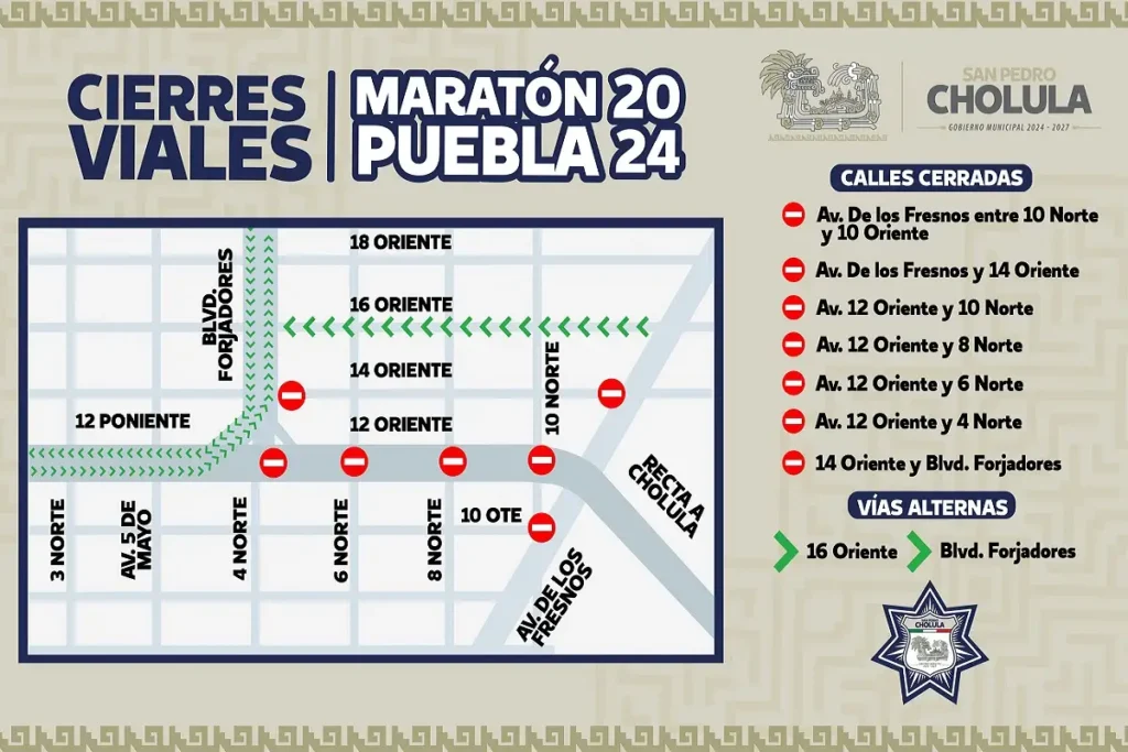 Cierres viales en San Pedro Cholula este domingo 27 de octubre