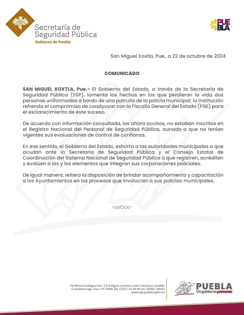 Policías de Xoxtla asesinados no estaban registrados ni contaban con pruebas de confianza vigentes