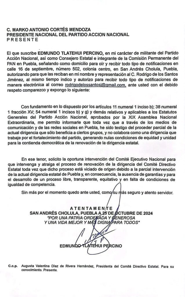 Tlatehui pide a CEN del PAN intervenir en renovación del partido en Puebla